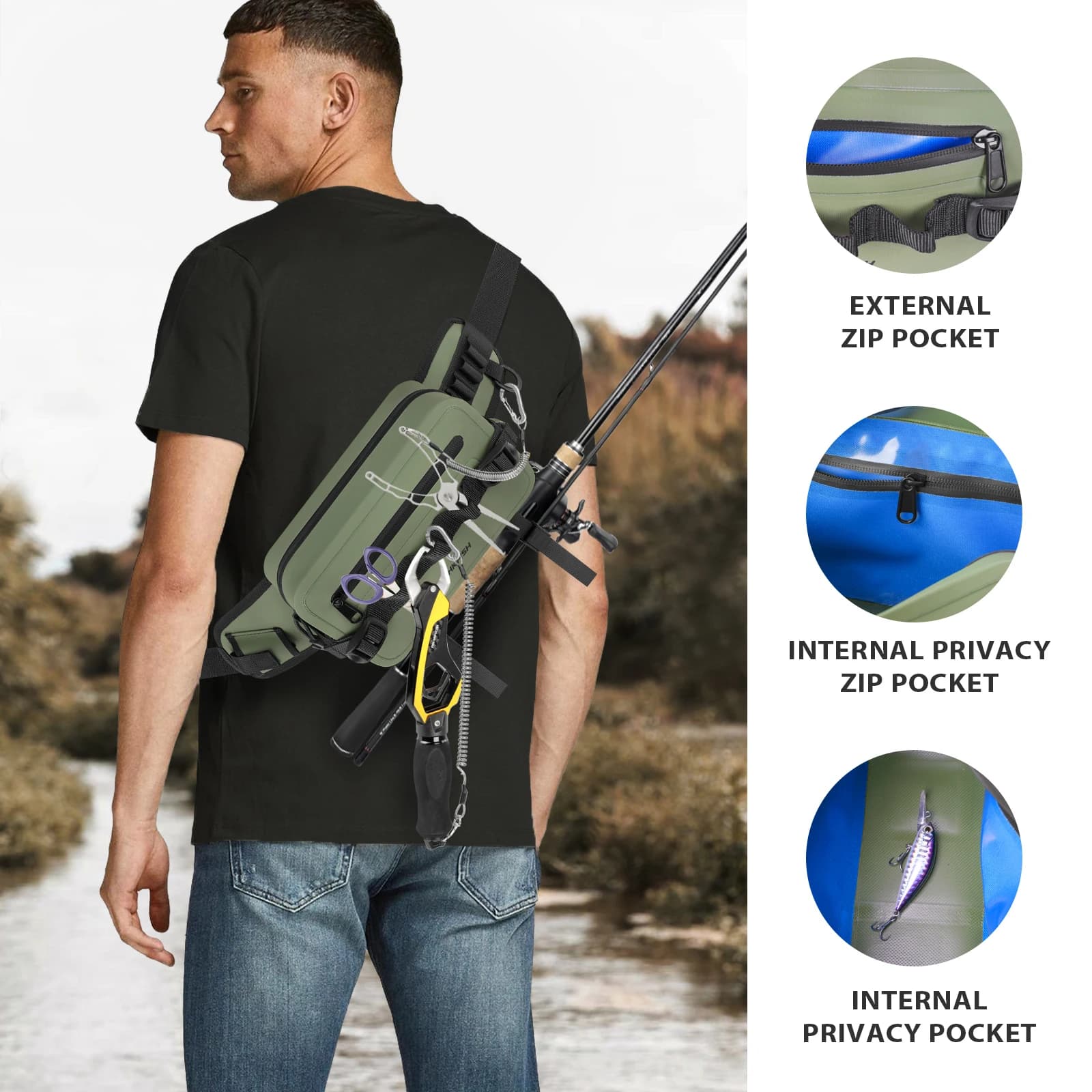 Sac pêche multifonction vert étanche - Sac à dos et ceinture pour rangement leurres et accessoires