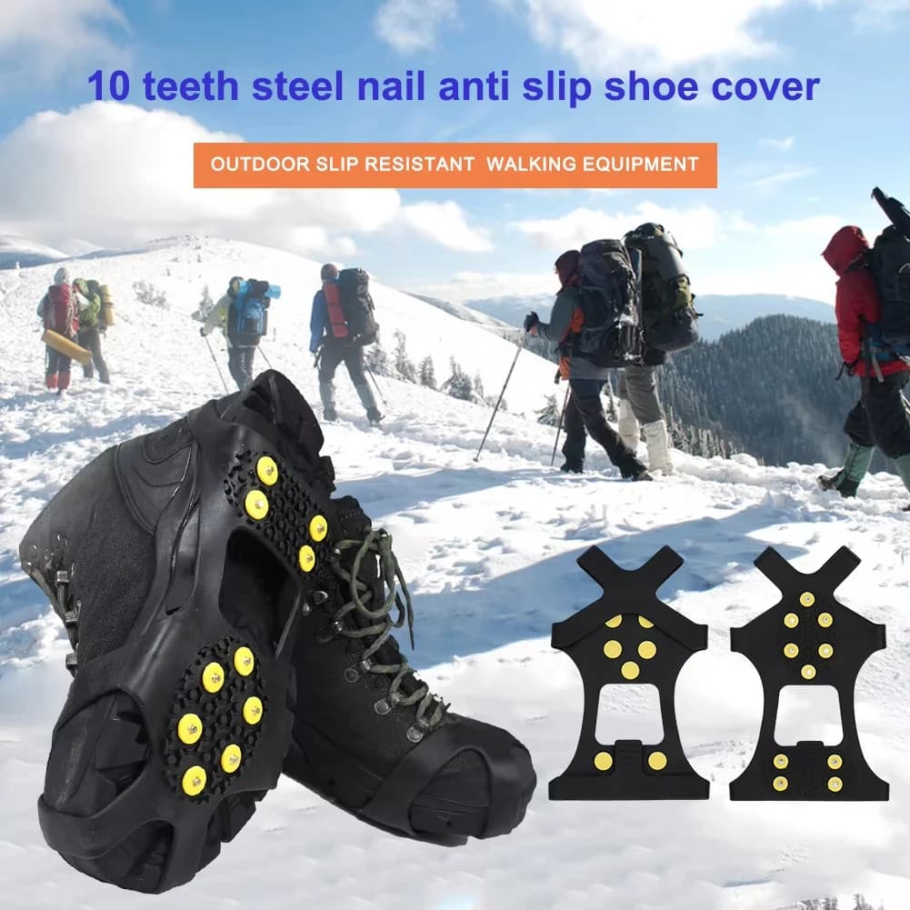 Crampons 10 dents pour chaussures randonnée pêche hiver - Couvre-chaussures anti-dérapant neige