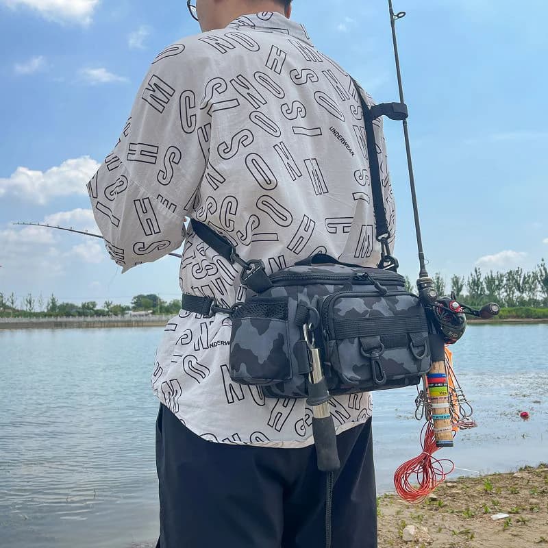 Sac ceinture pêcheur noir rangement matériel pêche porte-canne intégré sport extérieur pêche nomade