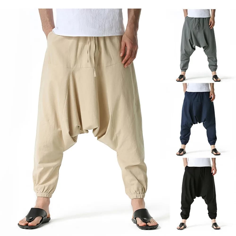 Pantalon harem homme coton lin baggy oversize loose jogger pêche confort yoga