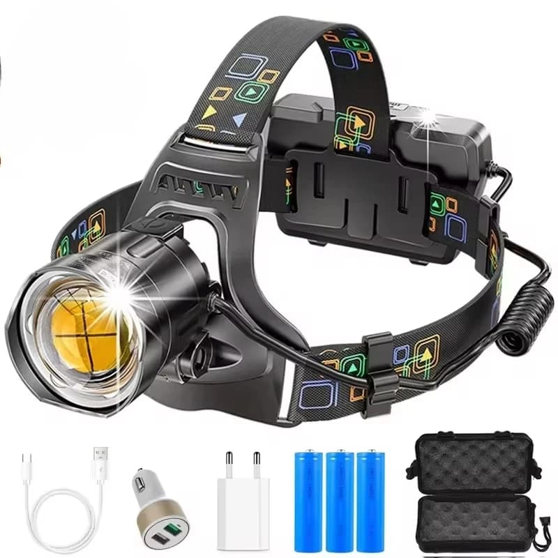 Lampe frontale LED XHP100 zoomable waterproof pour pêche - recharge USB et haute puissance 18650