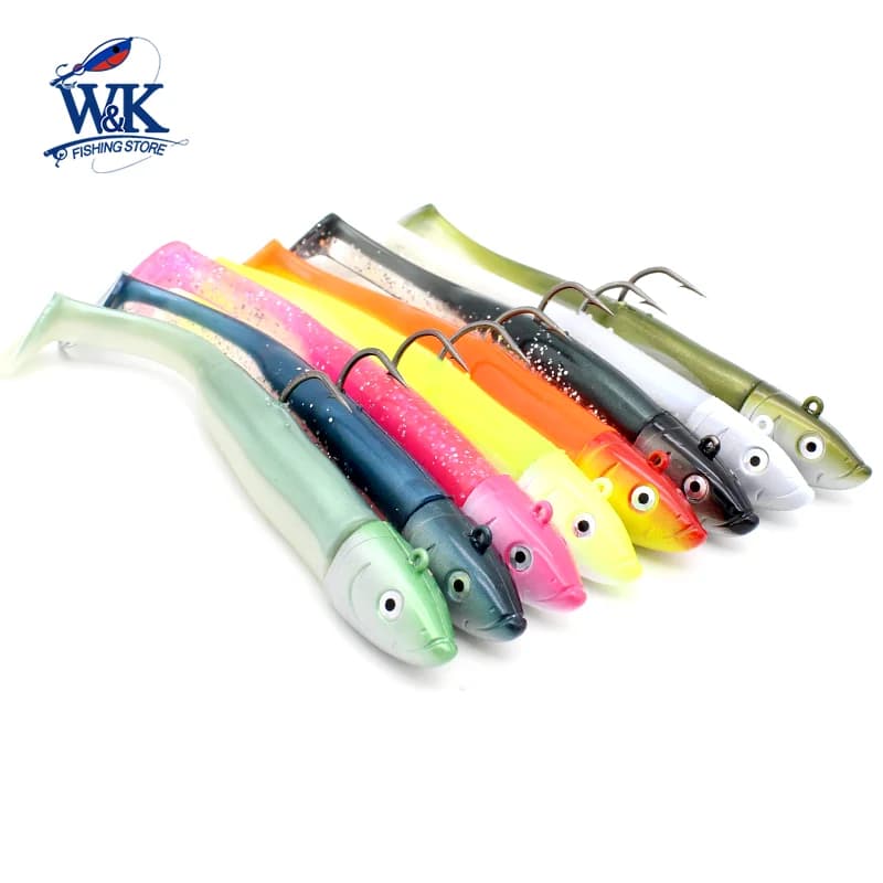 Kit leurres souples paddle tail pour pêche du bar - 5 tailles de 6cm à 14.5cm avec têtes plombées assorties