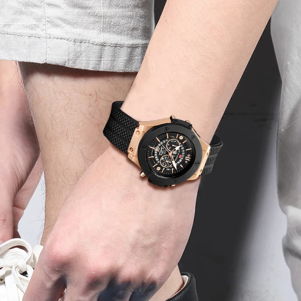 Montre militaire homme VA VA VOOM 46mm cadran rose gold squelette - Bracelet silicone - Mouvement quartz original