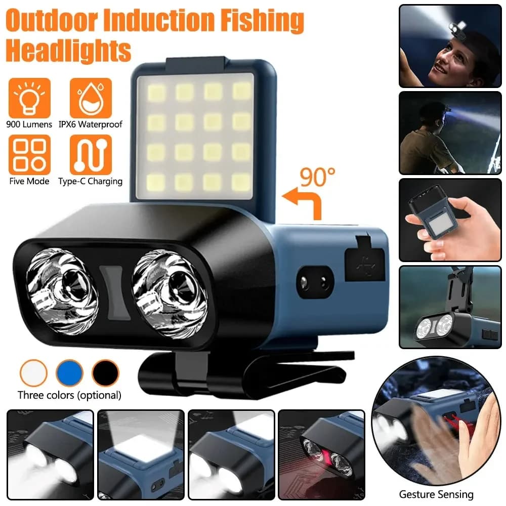 Frontale COB LED avec détecteur de mouvement rechargeable USB - lampe intelligente pour pêche