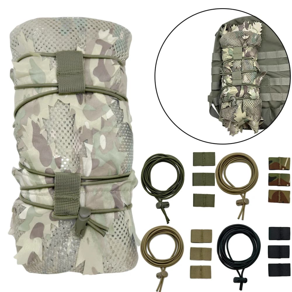Kit corde élastique tactique rangement pêche - Corde bungee fixation Molle filet camouflage