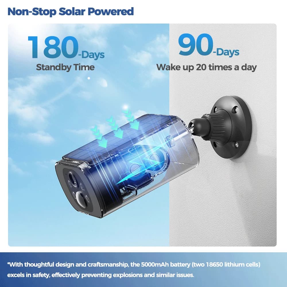 Caméra solaire WiFi extérieure sécurité sans fil 2.5K vision nocturne couleur détection IA batterie