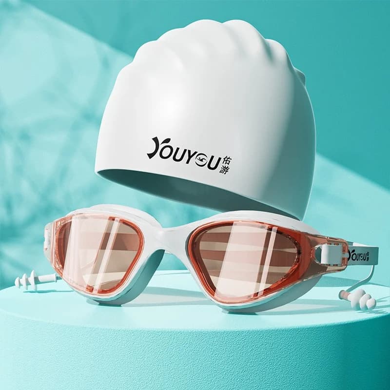 Lunettes de natation HD anti-buée avec bouchons d'oreilles adultes étanches ajustables silicone protection
