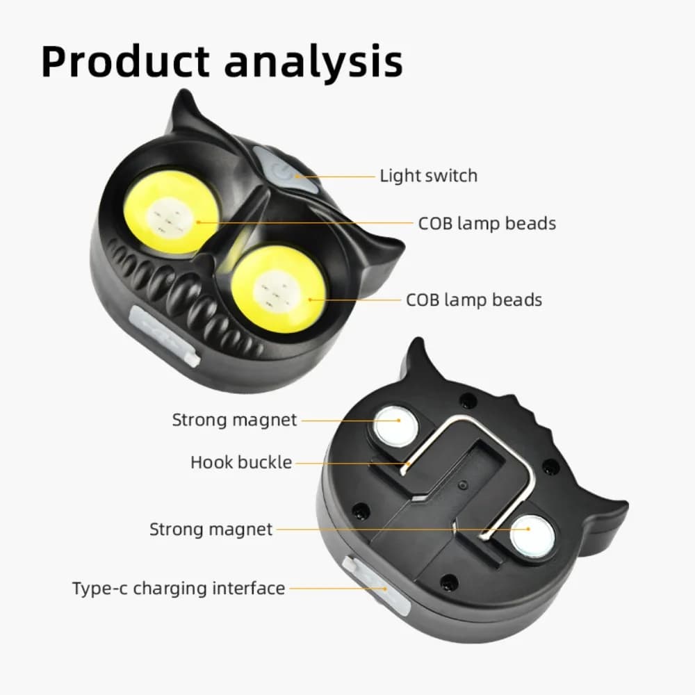 Lampe frontale chouette rotative rechargeable Type-C avec aimant pour pêche et chasse nocturne