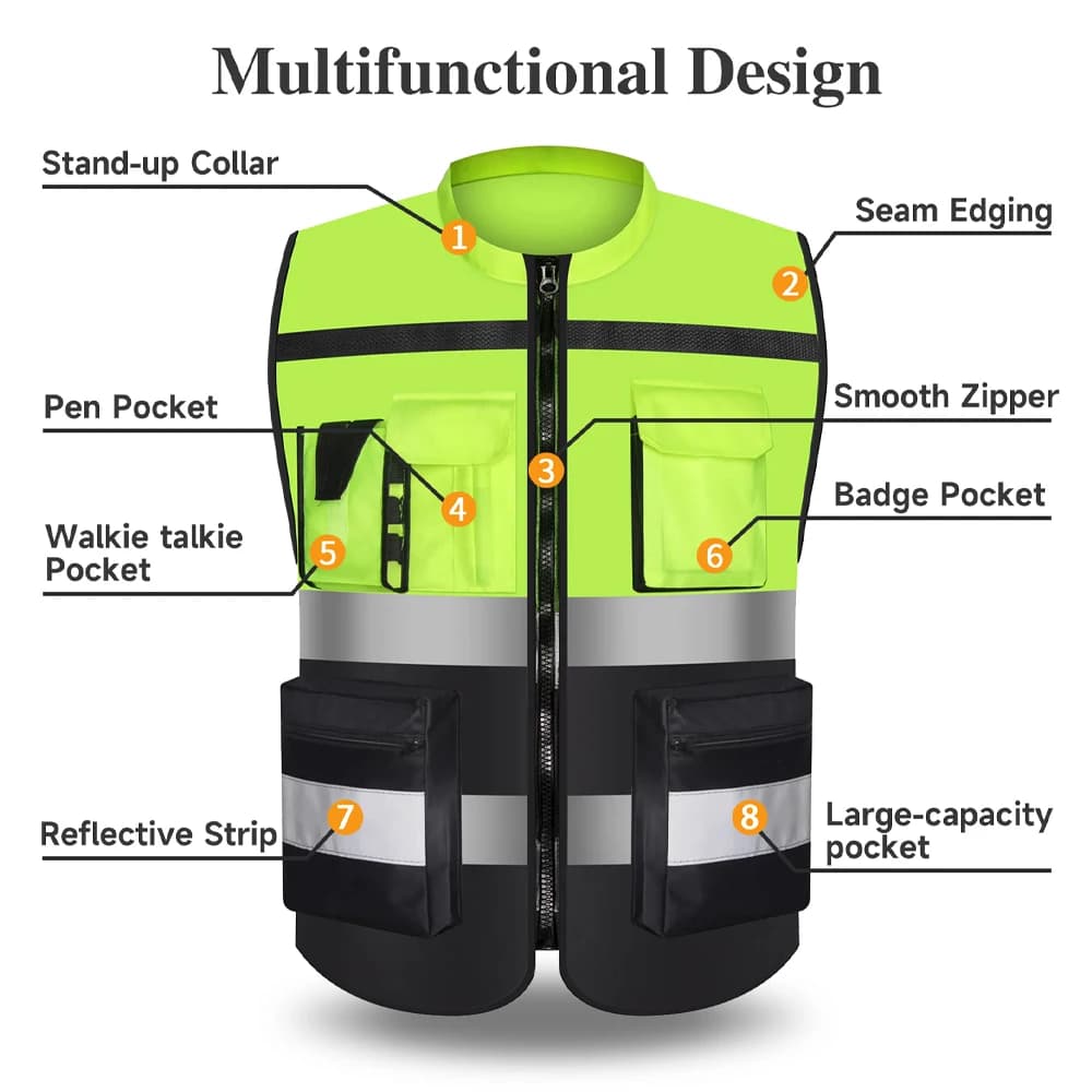 Gilet sécurité deux tons personnalisable logo avec fermeture zippée et poches pêche professionnelle