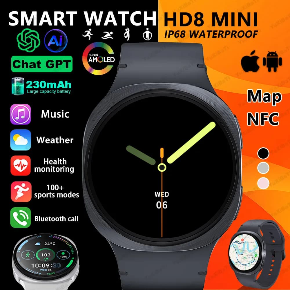 Watches 8 Mini 2025 smartwatch GPS suivi santé AMOLED fréquence cardiaque appels Bluetooth étanche