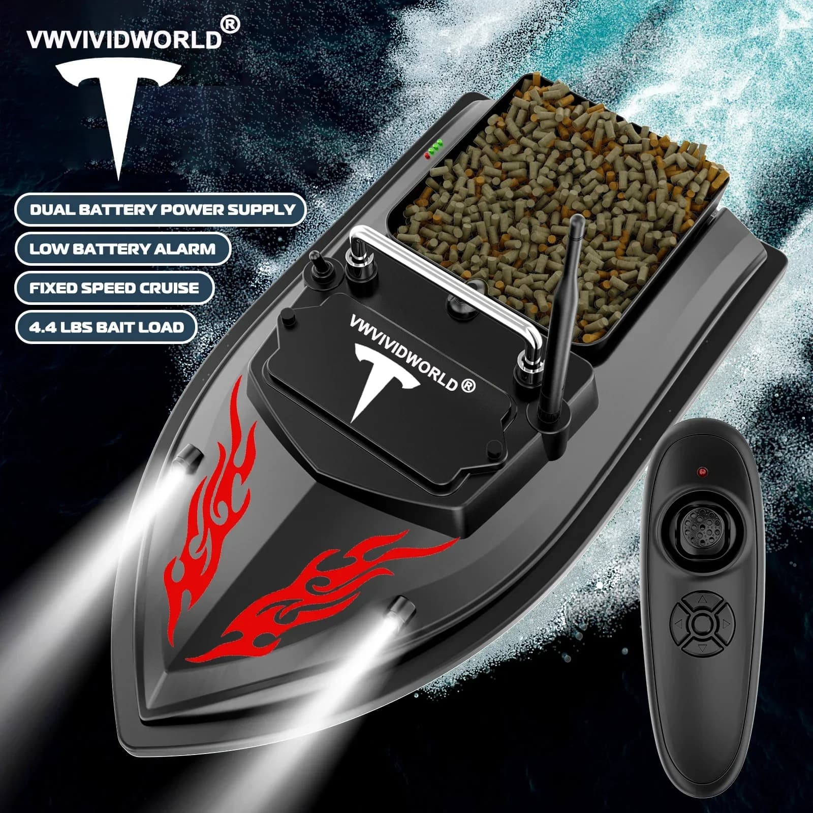 Bateau appât télécommandé VWVIVIDWORLD 500m - 2kg charge vitesse fixe étanche 4 lumières nuit
