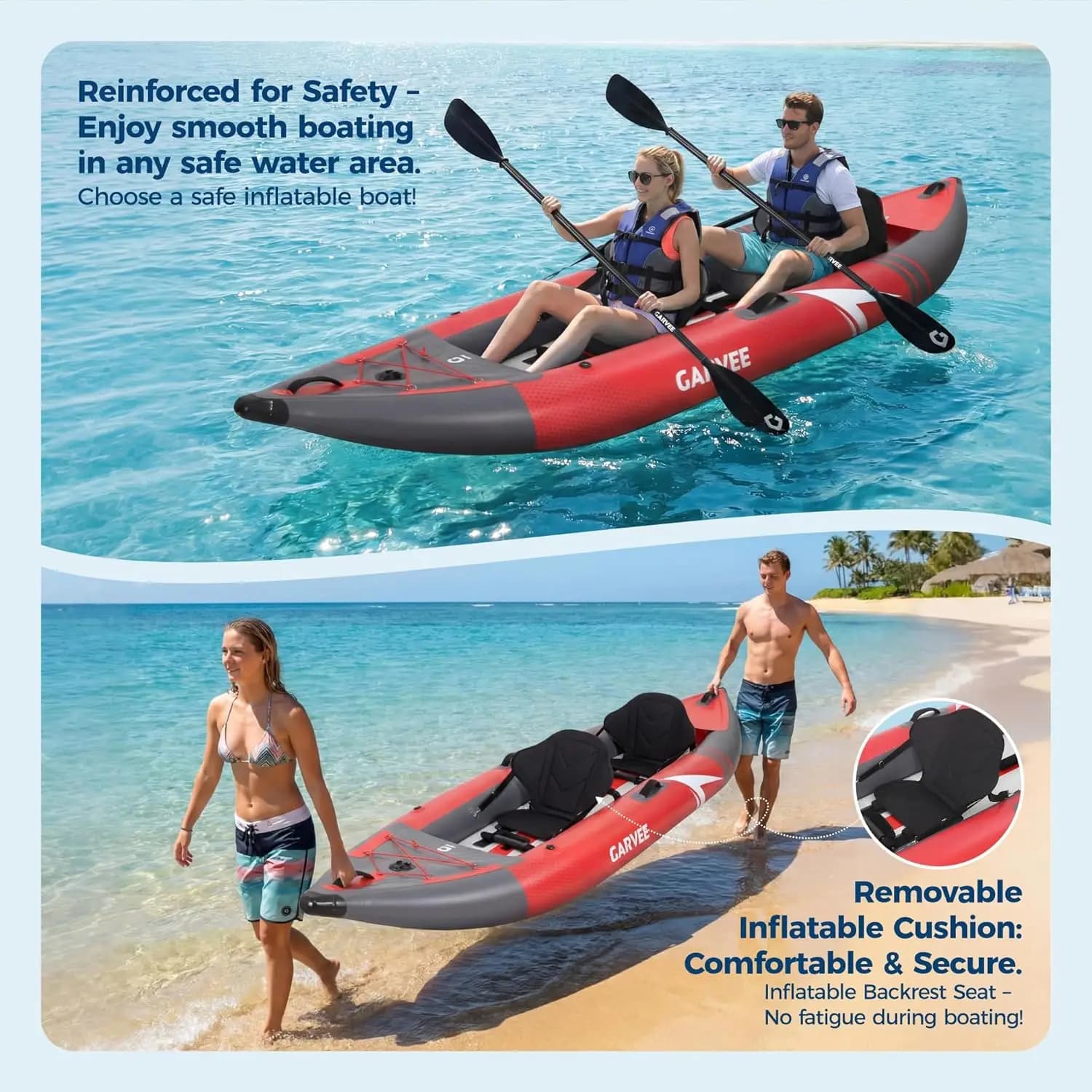Kayak gonflable 12.5 pieds 2 places portable pour pêche et touring avec sièges confortables