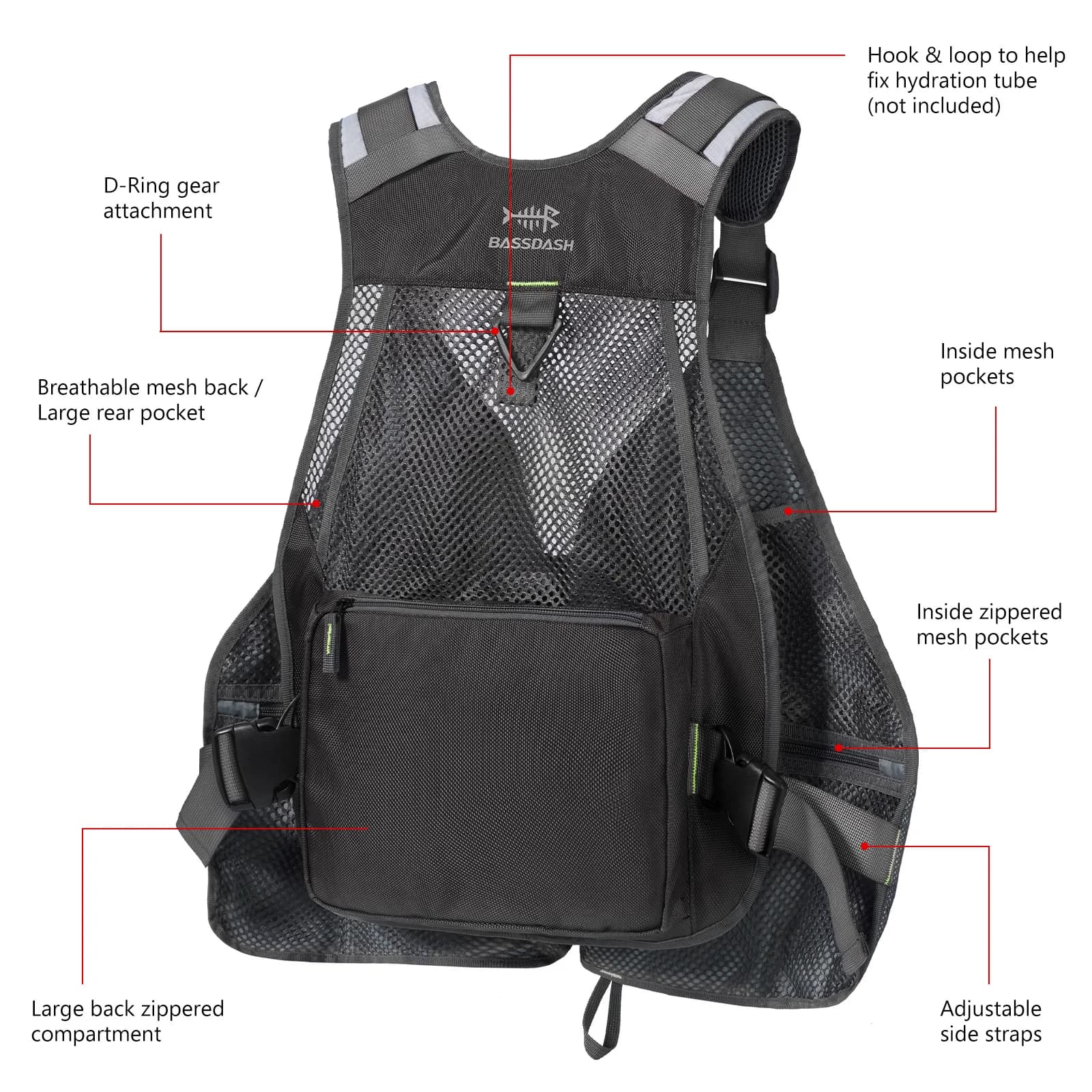 Veste pêche Bassdash ajustable et respirante pour rangement matériel de pêche extérieur