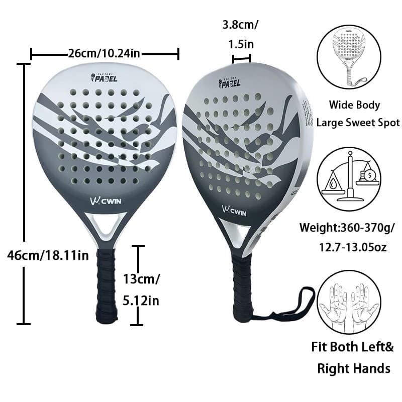 Raquette de padel Cwin 2026 carbone légère EVA douce absorption chocs grip confort avec sac