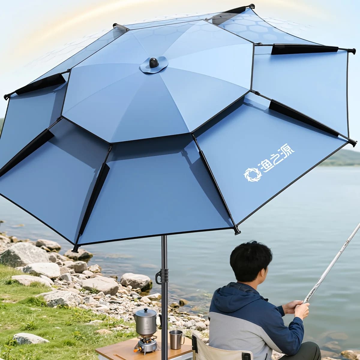 Parapluie pêche double couche 360° réglable noir tige à ressort portable équipement extérieur
