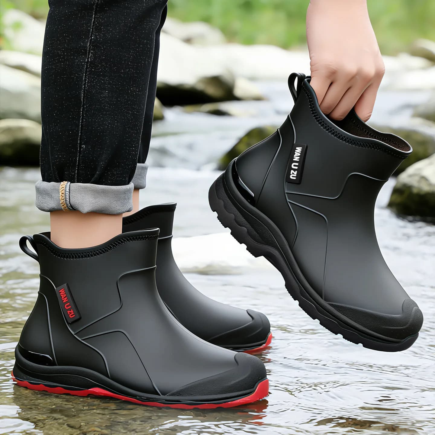 Bottes de pluie courtes homme doublées polaire imperméables antidérapantes pour pêche hivernale et vadrouille