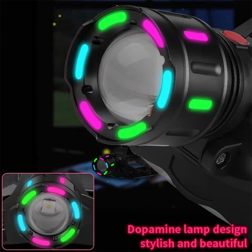 Lampe frontale laser blanche étanche USB rechargeable zoomable pour pêche en rivière et camping