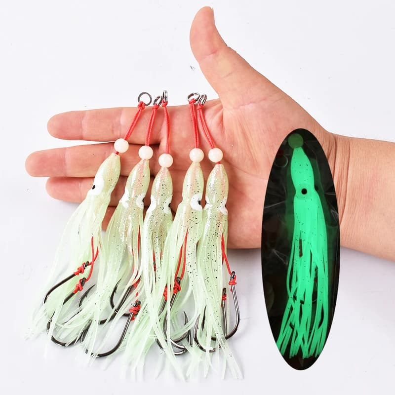 5 calamars souples 12cm avec jupes silicone et hameçons doubles assist - Pêche mer