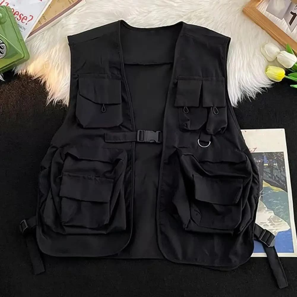 Gilet cargo multi-poches unisexe - Style hip-hop - Fermeture à boucles - Coupe ample décontractée