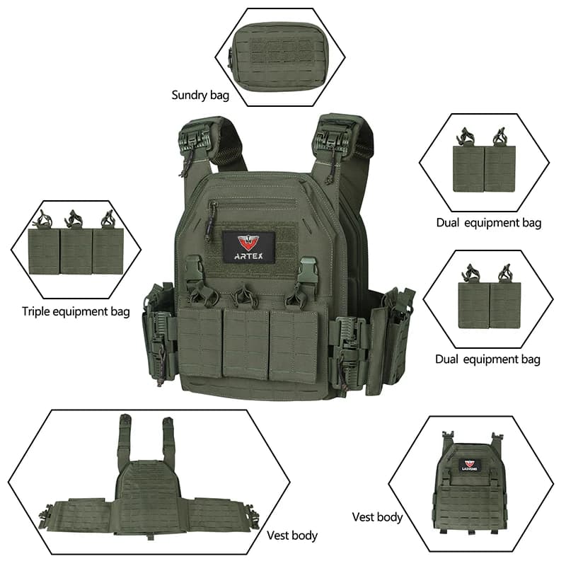 Gilet tactique Ranger Green avec système MOLLE - Porte-plaques tactique pour pêche extrême et outdoor