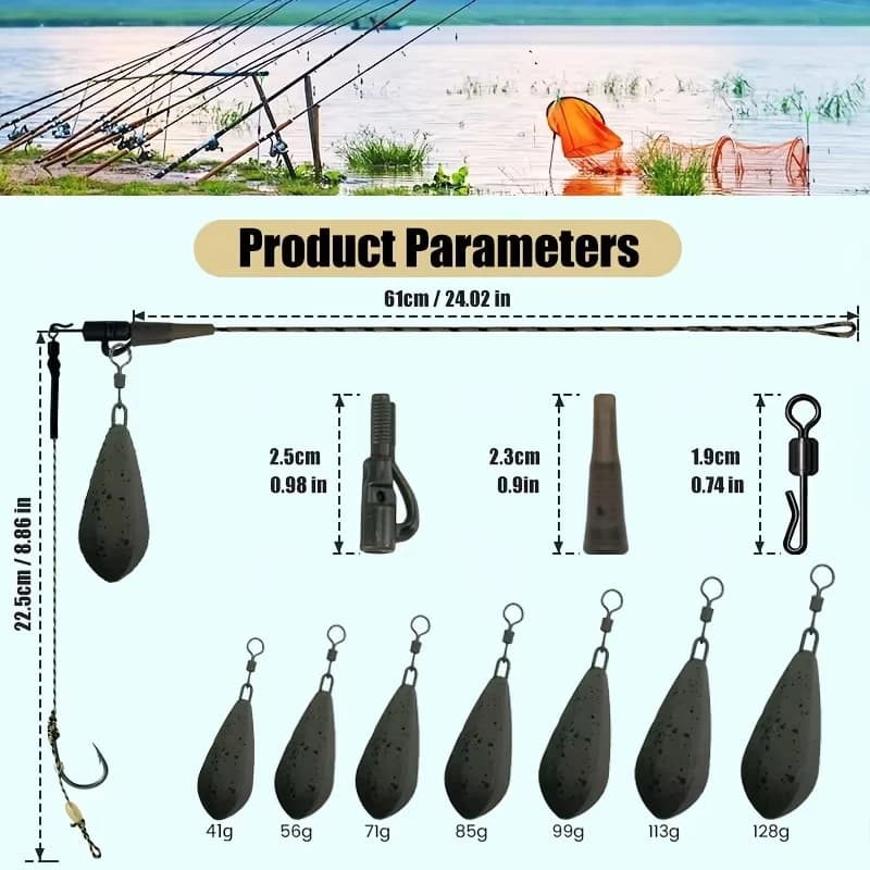 Kit montages carpe prêts à pêcher - Leader leadcore avec 4 hair rigs et plombs 42g à 128g