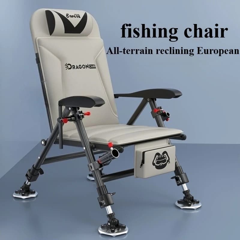 Chaise pêche pliante relax inclinable avec appui-tête et pieds télescopiques pour camping pique-nique