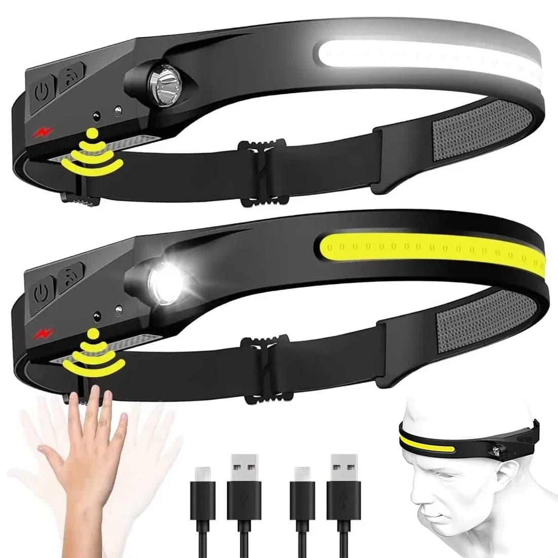 Lampe frontale induction LED rechargeable USB pêche camping - Pack 1/2/3 pièces