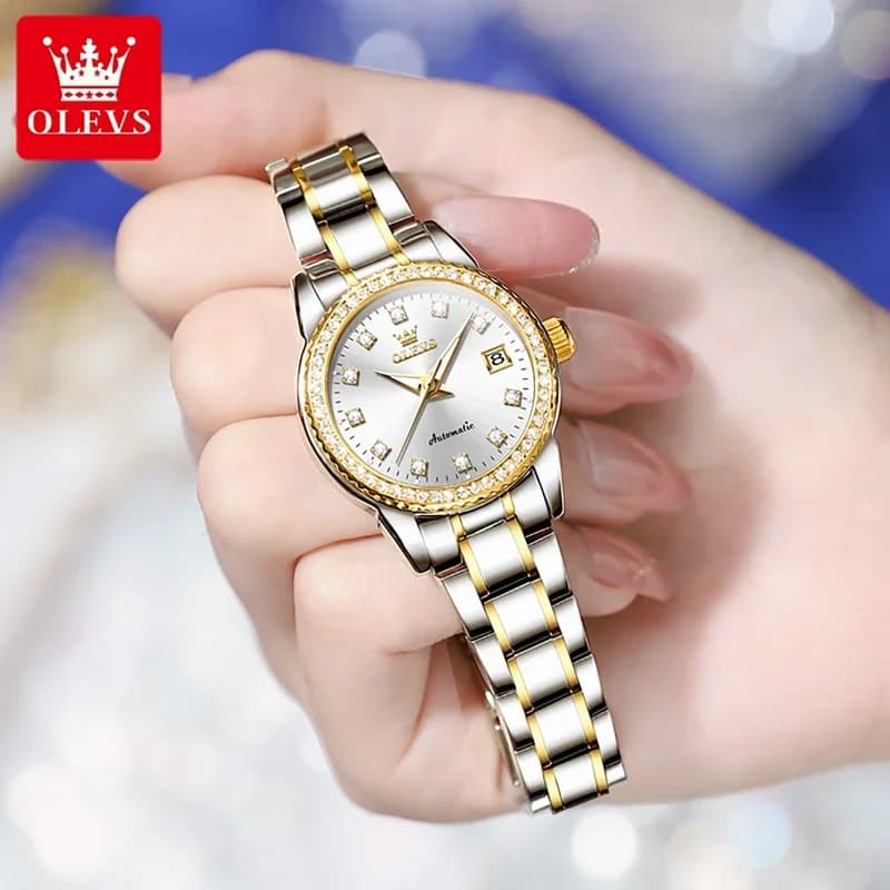 Montre automatique femme OLEVS-7003 luxe 2025 - Mécanique étanche calendrier lumineuse bracelet
