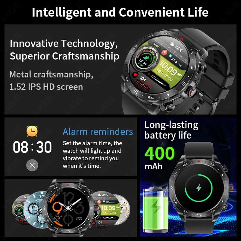 Montre LIGE avec écouteurs intégrés pour pêche : musique, haut-parleur, étanche, écran AMOLED