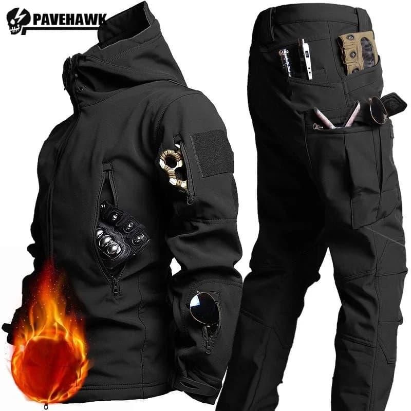 Combinaison tactique 2 pièces homme hiver avec veste à capuche et pantalon imperméable X7 - Tenue de pêche