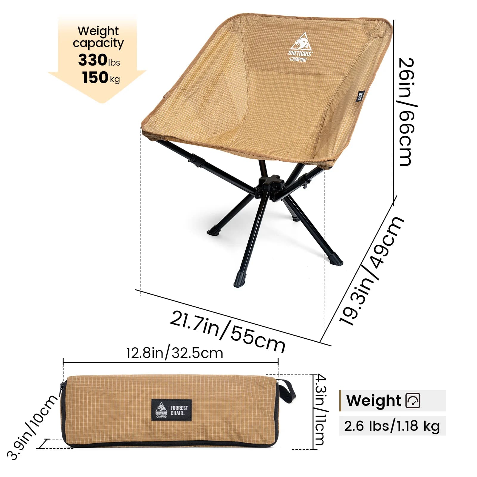 Chaise de camping pliante ultralégère Onetigris - Siège portable pour pêche et randonnée