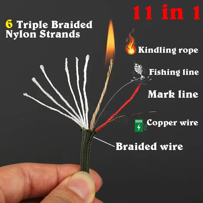 Corde paracord 4mm 11 brins 33-100FT pour allumage feu pêche camping survie outil extérieur polyvalent