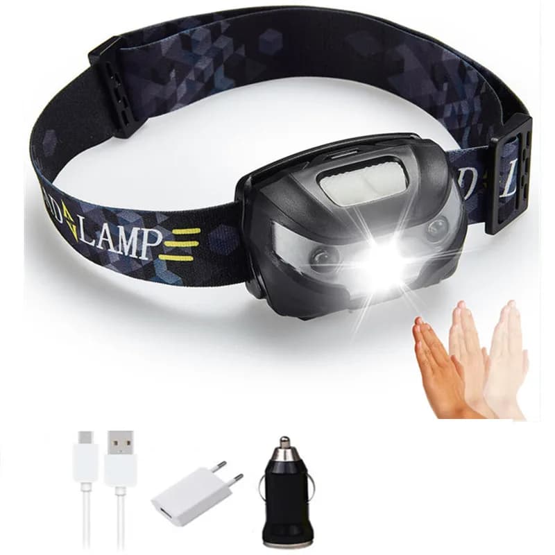 Frontale LED 4 modes avec capteur de mouvement main libre - Idéale pêche et camping nocturne