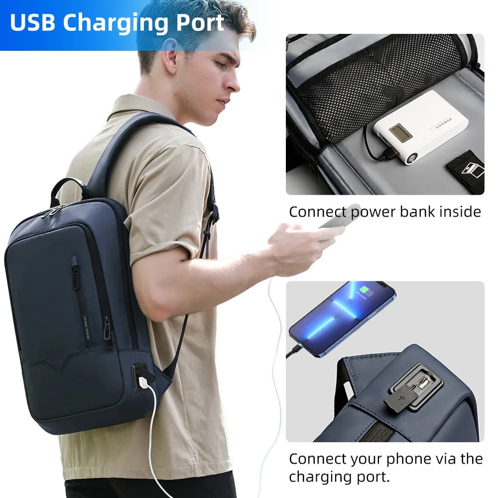 Sac à dos HK mince homme 15,6 pouces étanche - Business voyage travail USB charge minimaliste casual
