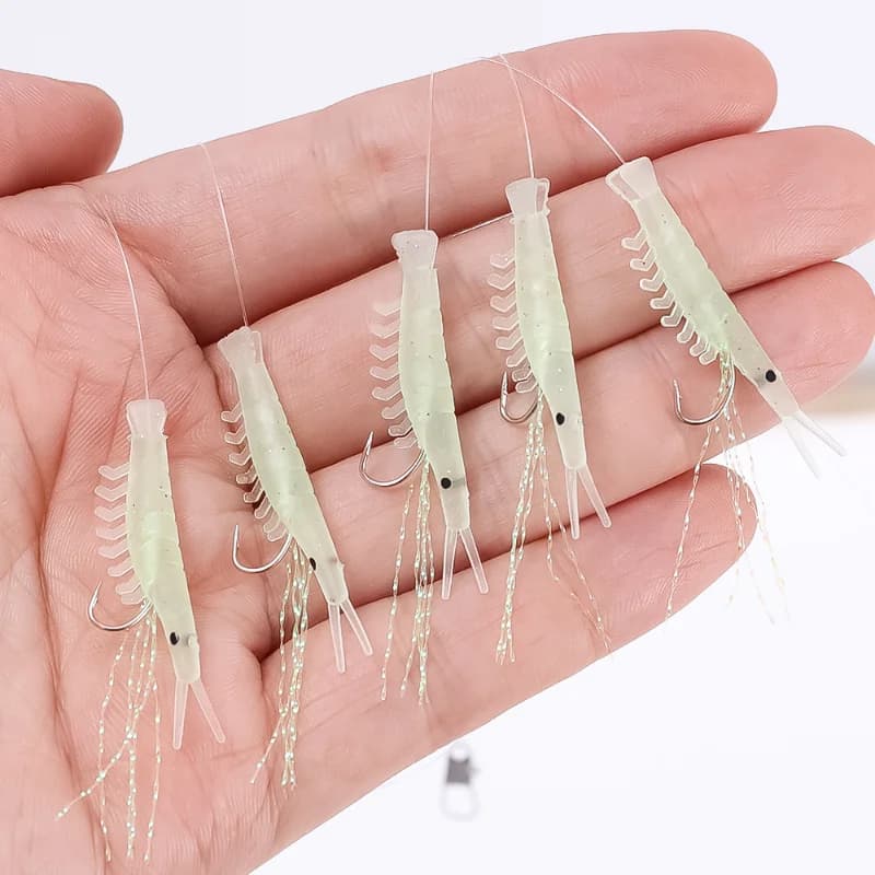 Leurre souple crevette lumineux 5 pièces avec hameçon barbelé pour bar morue et maquereau en pêche mer