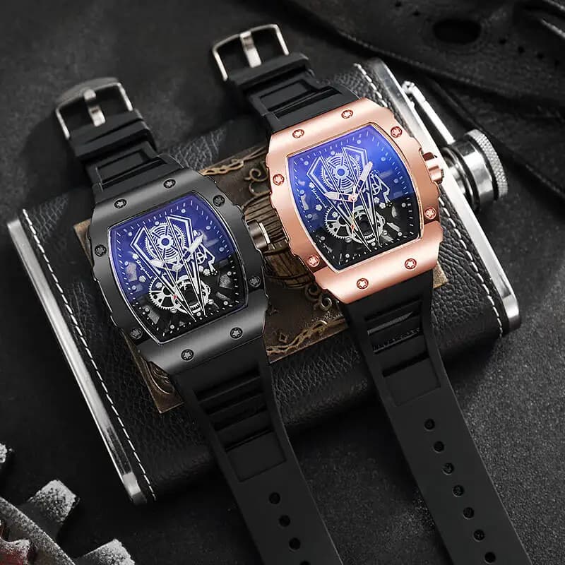 Montre homme sport luxe grand cadran quartz bracelet silicone noir vert militaire chronographe étanche