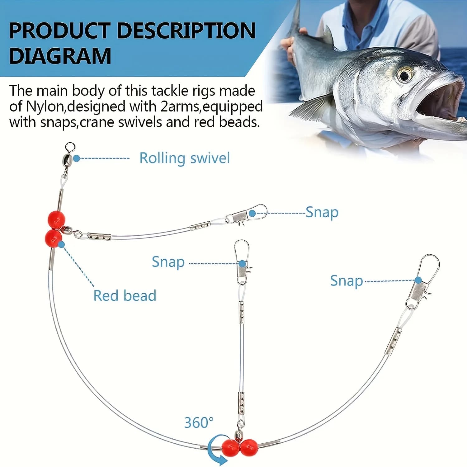 Kit 18 bas de ligne pêche mer avec émerillons snaps acier haute résistance pour leurres appâts