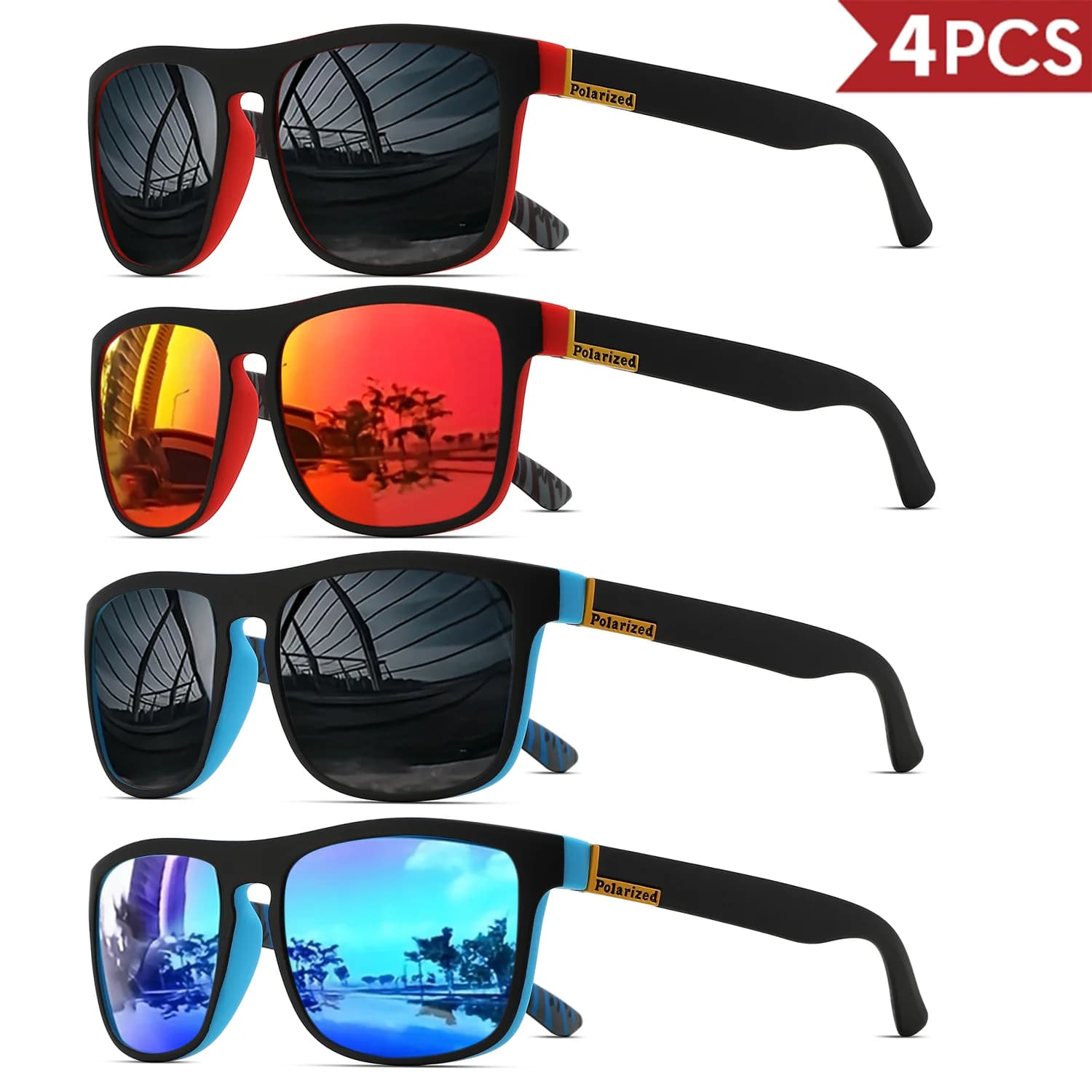 4 lunettes carrées polarisées sport pêche - Monture PC légère UV400 vélo conduite