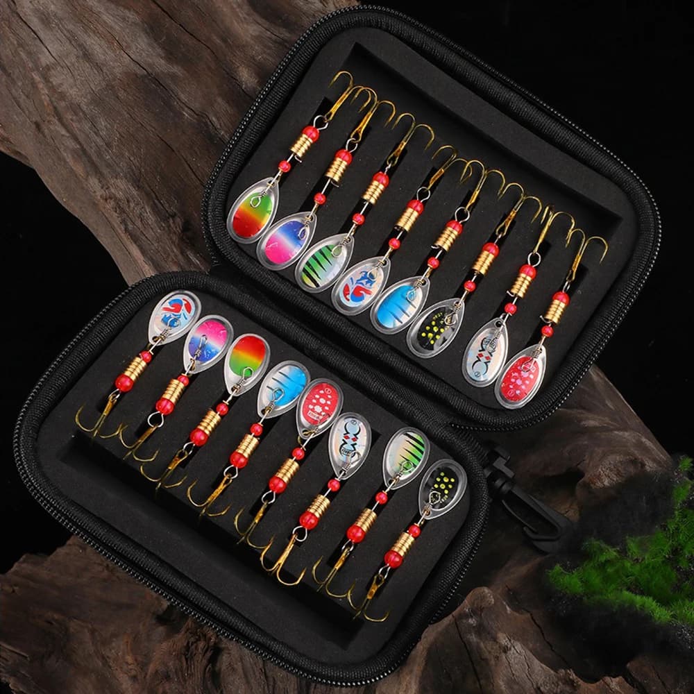 Set de 16 cuillères tournantes métal - Leurres spinner bait pour brochet, bar et truite avec sac de transport