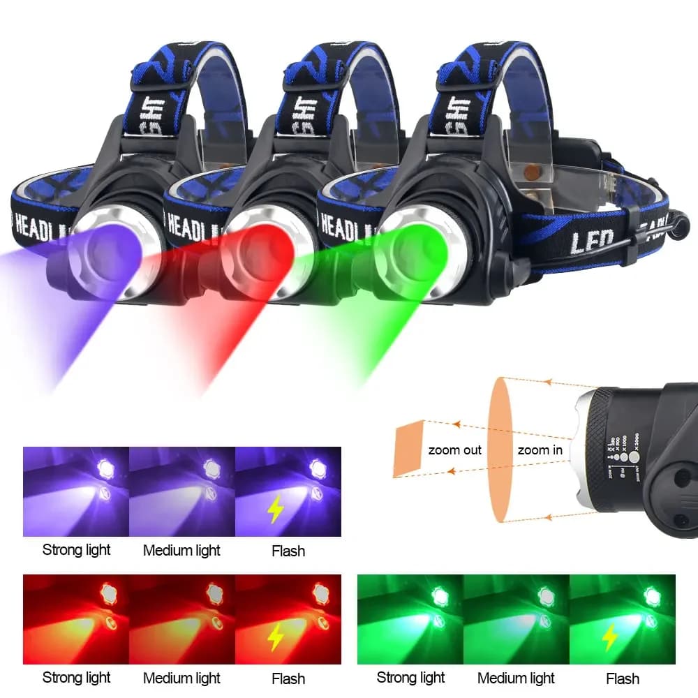 Lampe frontale pêche lumière rouge verte tactique zoomable pour chasse et camping outdoor