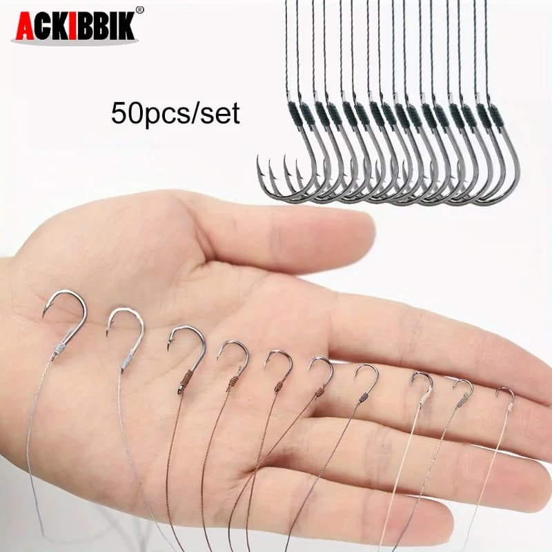 50 hameçons pré-montés Ackibbik pour pêche à la carpe avec ligne PE 3#-12# - Hooks micro taille