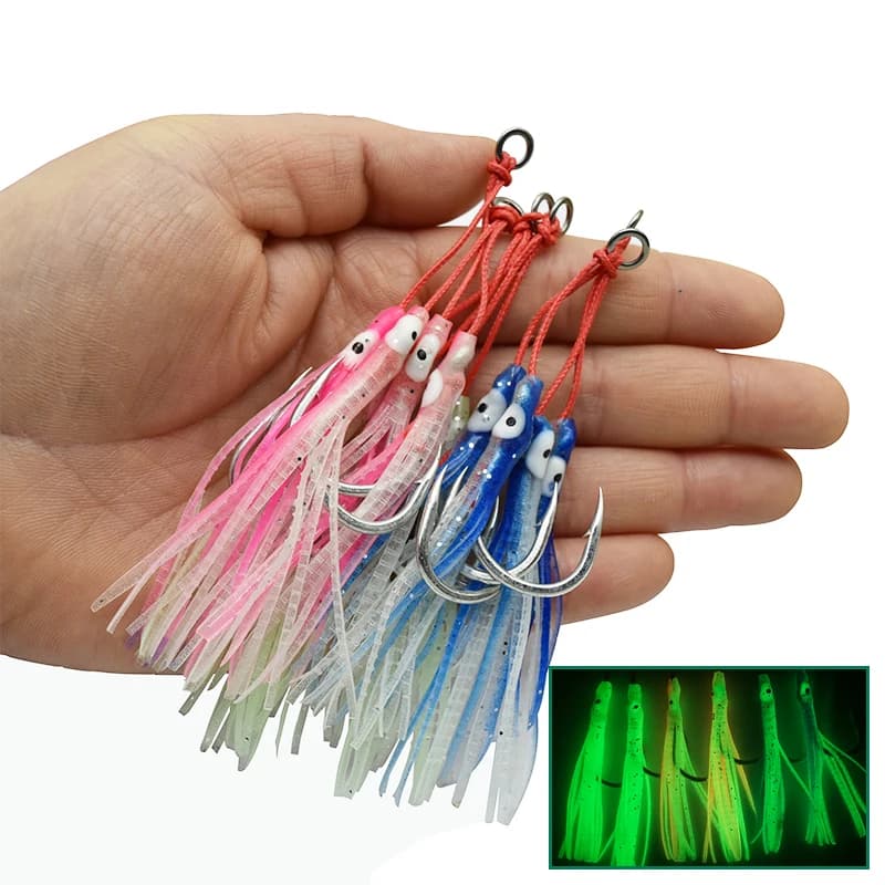 4 hameçons doubles lumineux Octopus Metal Jig - Acier haute teneur carbone avec ruban silicone - Pêche marine jigging