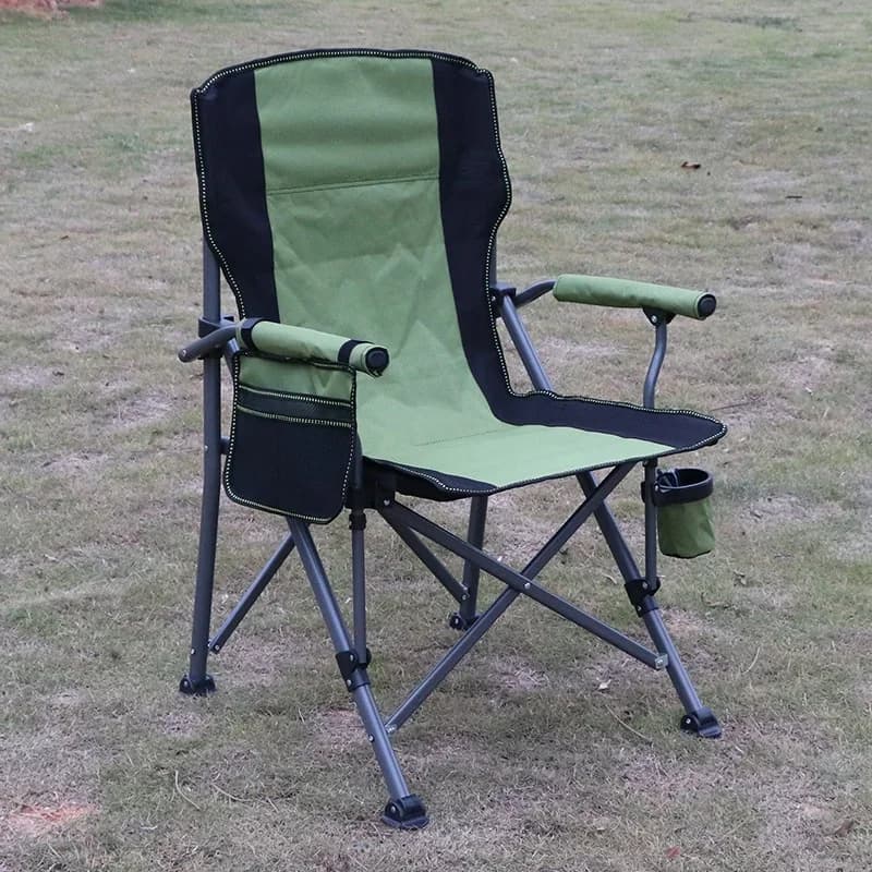 Grande chaise de pêche pliante aluminium avec dossier haut, accoudoirs et porte-gobelet