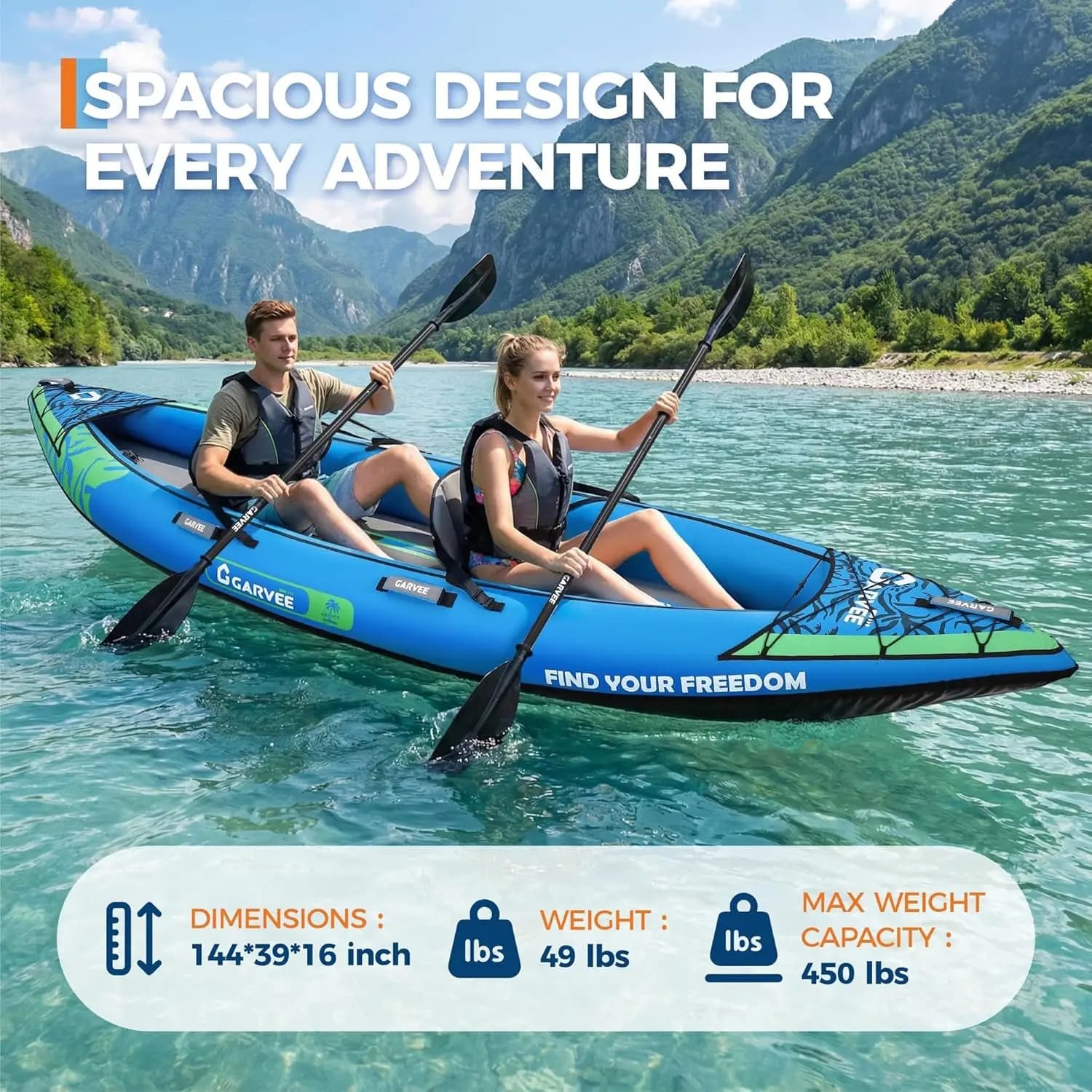 Kayak gonflable 2 places pour pêche et randonnée avec sièges rembourrés, pagaies et pompe