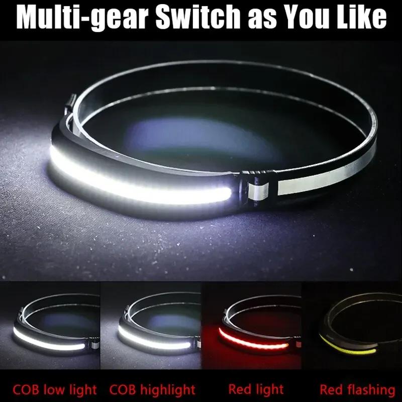 Frontale COB pêche rechargeable lumière rouge et blanche lampe de travail pour camping et running nocturne