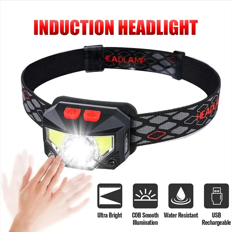 Lampe frontale 8 modes avec capteur de mouvement XPE+COB LED : rechargeable USB, étanche pour pêche et running