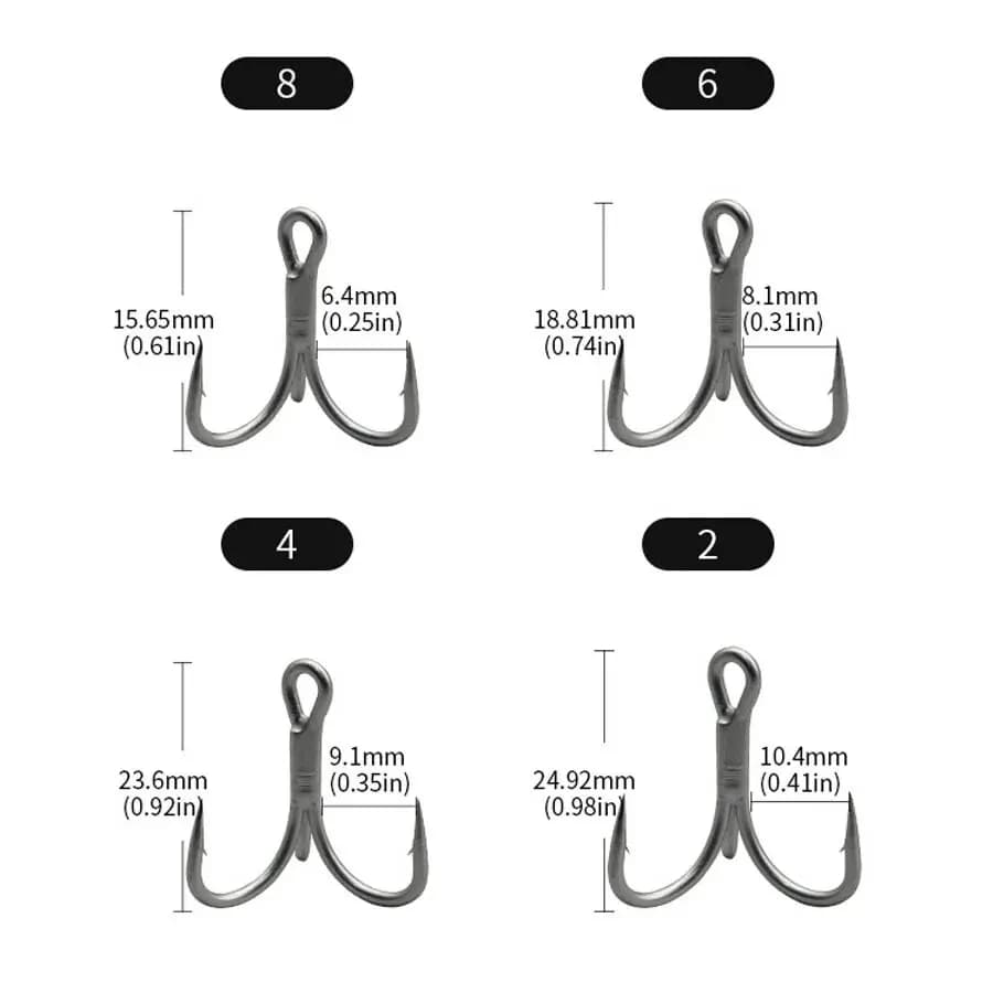 Hameçons triples 4X renforcés acier carbone pour leurres et appâts 10 pièces tailles 8#-3/0