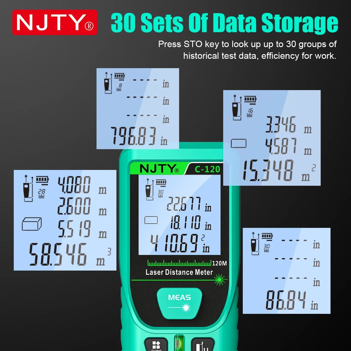 Télémètre laser vert NJTY 120m étanche IP54 - Mesure précision haute avec écran rétroéclairé