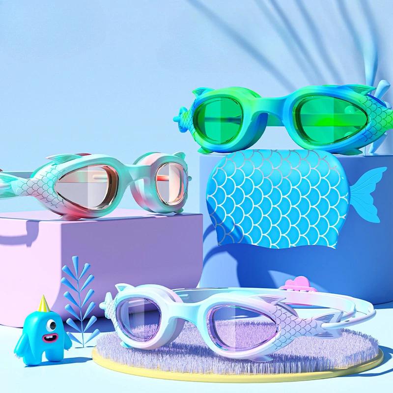 Lunettes de natation enfants poissons avec bonnet silicone garçons filles étanches anti-buée