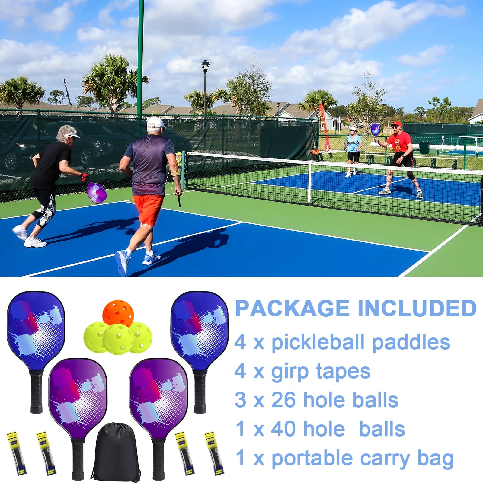 Set de pickleball KOFULL 4 raquettes premium avec balles, grips et sac - Parfait pour débutants et familles